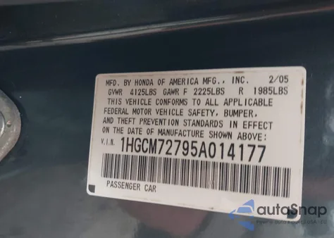 2005 Honda Accord 2.4 Ex из США, поврежденный, VIN 1HGCM72795A014177